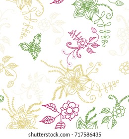 Seamless Flowers Hand Drawn in Orient Style. Floral Pattern with Outline Flowers Drawn in Mehndi or Zentangle Manner. Seamless Pattern for Calico, Print, Dress, Linen, Textile.