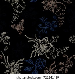 Seamless Flowers Hand Drawn in Orient Style. Floral Pattern with Outline Flowers Drawn in Mehndi or Zentangle Manner. Seamless Pattern for Calico, Print, Dress, Linen, Textile.