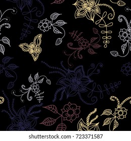 Seamless Flowers Hand Drawn in Orient Style. Floral Pattern with Outline Flowers Drawn in Mehndi or Zentangle Manner. Seamless Pattern for Calico, Print, Dress, Linen, Textile.