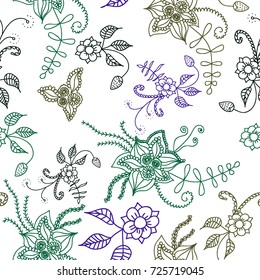 Seamless Flowers Hand Drawn in Orient Style. Floral Pattern with Outline Flowers Drawn in Mehndi or Zentangle Manner. Seamless Pattern for Calico, Print, Dress, Linen, Textile.