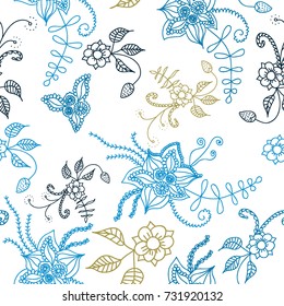 Seamless Flowers Hand Drawn in Orient Style. Floral Pattern with Outline Flowers Drawn in Mehndi or Zentangle Manner. Seamless Pattern for Calico, Print, Dress, Linen, Textile.