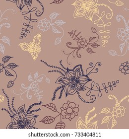 Seamless Flowers Hand Drawn in Orient Style. Floral Pattern with Outline Flowers Drawn in Mehndi or Zentangle Manner. Seamless Pattern for Calico, Print, Dress, Linen, Textile.