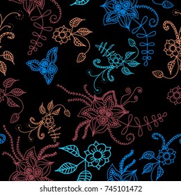 Seamless Flowers Hand Drawn in Orient Style. Floral Pattern with Outline Flowers Drawn in Mehndi or Zentangle Manner. Seamless Pattern for Calico, Print, Dress, Linen, Textile.