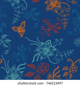 Seamless Flowers Hand Drawn in Orient Style. Floral Pattern with Outline Flowers Drawn in Mehndi or Zentangle Manner. Seamless Pattern for Calico, Print, Dress, Linen, Textile.