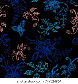 Seamless Flowers Hand Drawn in Orient Style. Floral Pattern with Outline Flowers Drawn in Mehndi or Zentangle Manner. Seamless Pattern for Calico, Print, Dress, Linen, Textile.