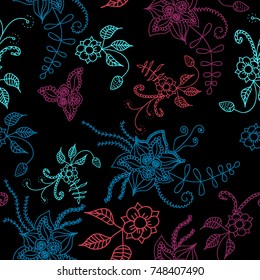 Seamless Flowers Hand Drawn in Orient Style. Floral Pattern with Outline Flowers Drawn in Mehndi or Zentangle Manner. Seamless Pattern for Calico, Print, Dress, Linen, Textile.