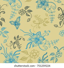 Seamless Flowers Hand Drawn in Orient Style. Floral Pattern with Outline Flowers Drawn in Mehndi or Zentangle Manner. Seamless Pattern for Calico, Print, Dress, Linen, Textile.