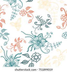 Seamless Flowers Hand Drawn in Orient Style. Floral Pattern with Outline Flowers Drawn in Mehndi or Zentangle Manner. Seamless Pattern for Calico, Print, Dress, Linen, Textile.