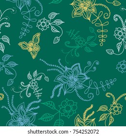 Seamless Flowers Hand Drawn in Orient Style. Floral Pattern with Outline Flowers Drawn in Mehndi or Zentangle Manner. Seamless Pattern for Calico, Print, Dress, Linen, Textile.