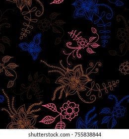 Seamless Flowers Hand Drawn in Orient Style. Floral Pattern with Outline Flowers Drawn in Mehndi or Zentangle Manner. Seamless Pattern for Calico, Print, Dress, Linen, Textile.