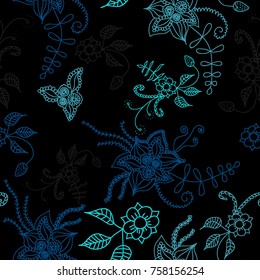 Seamless Flowers Hand Drawn in Orient Style. Floral Pattern with Outline Flowers Drawn in Mehndi or Zentangle Manner. Seamless Pattern for Calico, Print, Dress, Linen, Textile.