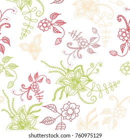 Seamless Flowers Hand Drawn in Orient Style. Floral Pattern with Outline Flowers Drawn in Mehndi or Zentangle Manner. Seamless Pattern for Calico, Print, Dress, Linen, Textile.