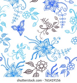 Seamless Flowers Hand Drawn in Orient Style. Floral Pattern with Outline Flowers Drawn in Mehndi or Zentangle Manner. Seamless Pattern for Calico, Print, Dress, Linen, Textile.