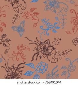 Seamless Flowers Hand Drawn in Orient Style. Floral Pattern with Outline Flowers Drawn in Mehndi or Zentangle Manner. Seamless Pattern for Calico, Print, Dress, Linen, Textile.