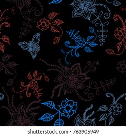 Seamless Flowers Hand Drawn in Orient Style. Floral Pattern with Outline Flowers Drawn in Mehndi or Zentangle Manner. Seamless Pattern for Calico, Print, Dress, Linen, Textile.