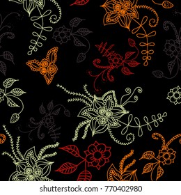 Seamless Flowers Hand Drawn in Orient Style. Floral Pattern with Outline Flowers Drawn in Mehndi or Zentangle Manner. Seamless Pattern for Calico, Print, Dress, Linen, Textile.