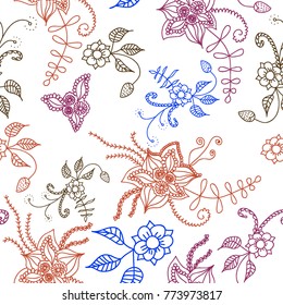 Seamless Flowers Hand Drawn in Orient Style. Floral Pattern with Outline Flowers Drawn in Mehndi or Zentangle Manner. Seamless Pattern for Calico, Print, Dress, Linen, Textile.