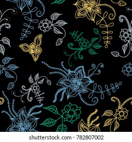 Seamless Flowers Hand Drawn in Orient Style. Floral Pattern with Outline Flowers Drawn in Mehndi or Zentangle Manner. Seamless Pattern for Calico, Print, Dress, Linen, Textile.