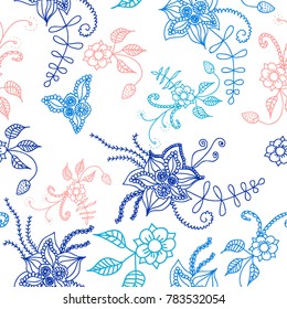 Seamless Flowers Hand Drawn in Orient Style. Floral Pattern with Outline Flowers Drawn in Mehndi or Zentangle Manner. Seamless Pattern for Calico, Print, Dress, Linen, Textile.