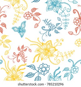 Seamless Flowers Hand Drawn in Orient Style. Floral Pattern with Outline Flowers Drawn in Mehndi or Zentangle Manner. Seamless Pattern for Calico, Print, Dress, Linen, Textile.
