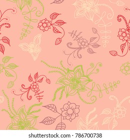 Seamless Flowers Hand Drawn in Orient Style. Floral Pattern with Outline Flowers Drawn in Mehndi or Zentangle Manner. Seamless Pattern for Calico, Print, Dress, Linen, Textile.