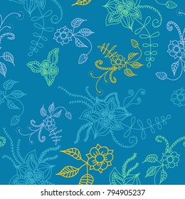 Seamless Flowers Hand Drawn in Orient Style. Floral Pattern with Outline Flowers Drawn in Mehndi or Zentangle Manner. Seamless Pattern for Calico, Print, Dress, Linen, Textile.