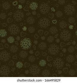 Seamless flowers and hearts pattern - brown and green.
