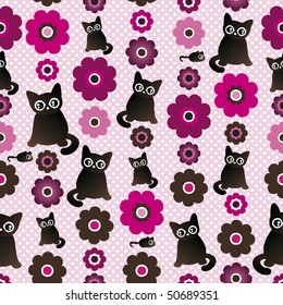 Seamless flowers and kitten chasing mice pattern in vector