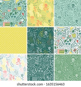 Seamless flowers and leafs patterns set, floral vector background, baby cartoon doodle pattern, endless texture for textile