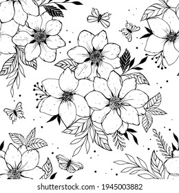 Seamless flowers, leaves and butterfly sketch. Bouquet of hand-drawn spring flowers and plants. Monochrome vector illustration in sketch style. 