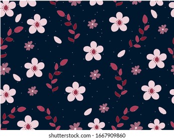 Flores sem costura com folhas decoradas no fundo azul.