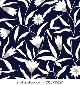 seamless flowers with leaves pattern on navy background
