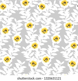 seamless flowers with leaves pattern on grey background