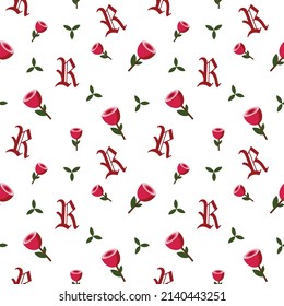 Seamless flowers letter leaves pattern on white background. Rose wallpaper design template. Vector illustration