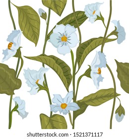 Seamless flowers on a white background. Blue flowers and green stems with leaves.