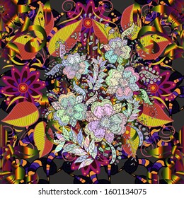 Seamless flowers pattern. In asian textile style on neutral, gray and black colors. Vector illustration.
