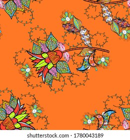 Seamless flowers pattern. In asian textile style. Flowers on black, orange and green colors. Vector illustration. Flat Flower Elements Design. Colour Spring Theme seamless pattern Background.