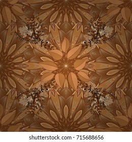 Seamless flowers pattern. In asian textile style. Flat Flower Elements Design. Colour Spring Theme seamless pattern Background. Vector illustration. Flowers on brown, orange and beige background.