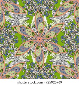 Seamless flowers pattern. In asian textile style. Flowers on neutral, green and white colors. Vector illustration. Vector illustration.