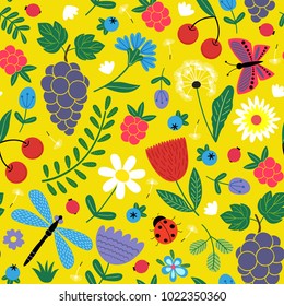 seamless flowers pattern with berries and insect - vector illustration, eps