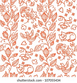 seamless flowers pattern with birds and cat. Can be used for wallpaper, pattern fills, web page background, surface textures, textile