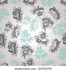 Seamless Flowers Pattern Black and Blue / Vector illustration of cute simple bluebells flowers