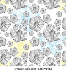 Seamless flowers pattern. Black and white ink hand drawn wild vector roses