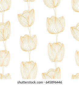 Seamless flowers pattern. Black and white ink hand drawn vector tulips