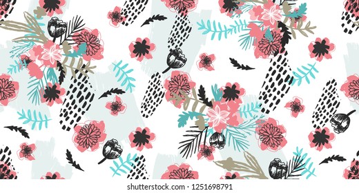 Seamless Flowers Pattern with Flowers and Brush Strokes .Illustration for Surface , Invitation , Notebook, Banner , Wrap Paper ,Textiles, Cover, Magazine ,Postcard ,Fashion,Wedding ,Birthday