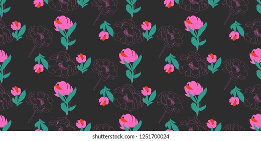 Seamless Flowers Pattern with Flowers and Brush Strokes .Illustration for Surface , Invitation , Notebook, Banner , Wrap Paper ,Textiles, Cover, Magazine ,Postcard ,Fashion,Wedding ,Birthday