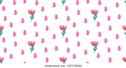 Seamless Flowers Pattern with Flowers and Brush Strokes .Illustration for Surface , Invitation , Notebook, Banner , Wrap Paper ,Textiles, Cover, Magazine ,Postcard ,Fashion,Wedding ,Birthday