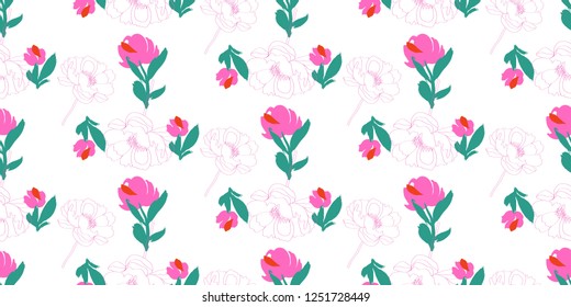Seamless Flowers Pattern with Flowers and Brush Strokes .Illustration for Surface , Invitation , Notebook, Banner , Wrap Paper ,Textiles, Cover, Magazine ,Postcard ,Fashion,Wedding ,Birthday