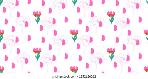 Seamless Flowers Pattern with Flowers and Brush Strokes .Illustration for Surface , Invitation , Notebook, Banner , Wrap Paper ,Textiles, Cover, Magazine ,Postcard ,Fashion,Wedding ,Birthday