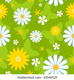 Seamless flowers pattern with butterflies. Vector background.